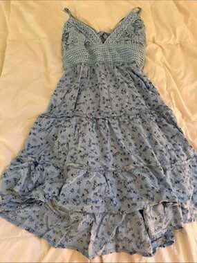 Justify Light Blue Floral Crochet Mini Dress